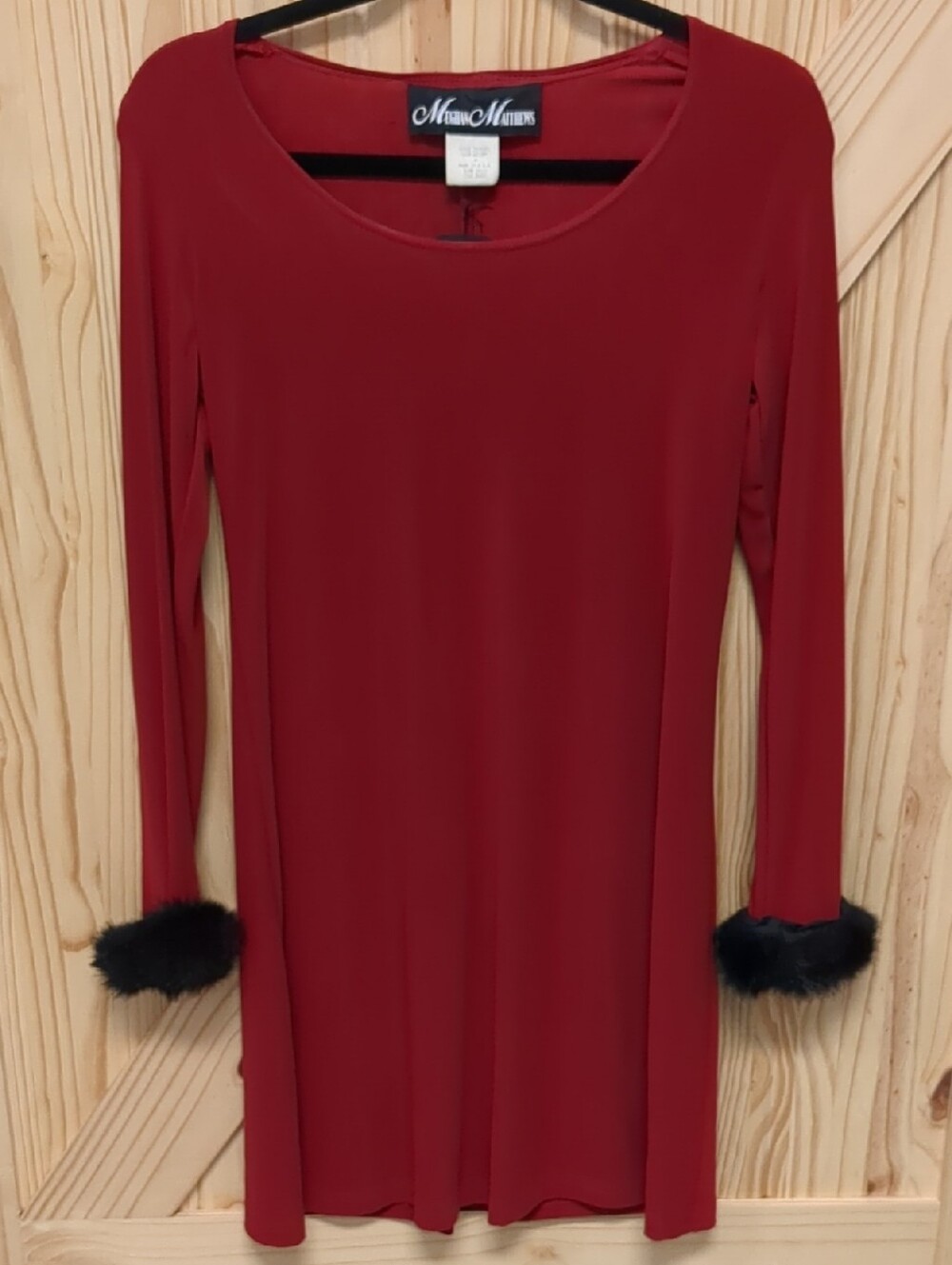 Meghan Matthews Red Long-Sleeve Dress with Faux Fur Cuffs